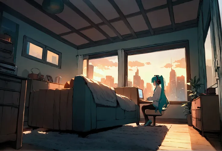 ((Best Quality)), (masterpiece), wide-angle view of a cozy, bright room during golden hour. Hatsune Miku sits by the window, wearing headphones, with teal twin tails and a serene expression. Warm sunlight streams through the window, casting a soft glow ove...