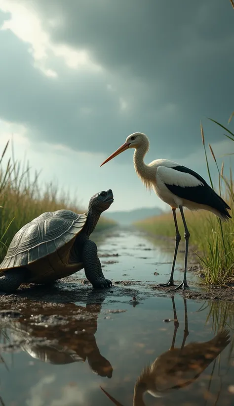 Create an intense and detailed image of a confrontation between a turtle and a stork. The turtle is on the ground, its large shell raised slightly as it faces the stork, its eyes narrowed in aggression. Its claws are firmly planted, ready to defend itself,...