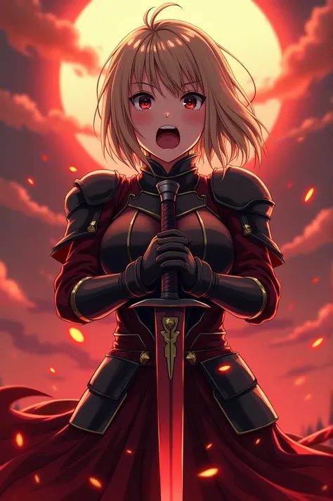  top quality,  Highest Masterpiece,  highest resolution， (Saber_Fate), （battlefield_background）， dark eyes， smaller breasts，Screaming facial expression， Woman Holding a Sword，armor， Anime Style, （4K）, Alone， ((whole body)) ，  looking at camera,  Nobunagas ...