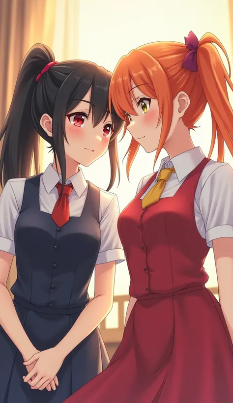 2 girls ,  1st girl black hair, red eyes, tied ponytail on the side, wearing a smiling student dress,  2nd woman with orange hair tied in a ponytail 2 sides wearing a smiling girl dress ,  Very detailed ,  high resolution, Anime,  flickering light ,  God R...