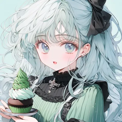  Masterpiece , top quality,Ultra_  Details, high definition , absurd:1.2), 1 girl in uniform, black_On the ribbed, On BL_light blue_hair, green_ dress, green_eye, Powder Snow, chocolate cookie, cupcake,  dress,  dress_bow, _ piercing above spo, rings,  lot...