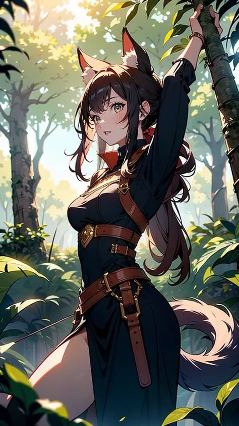 “A fierce female archer with beast-like features, standing high on a tree branch in a dense forest. She has animal-like ears and a long tail, and her sharp eyes are focused on a distant target. Her bow is drawn, and she is ready to release an arrow, the te...