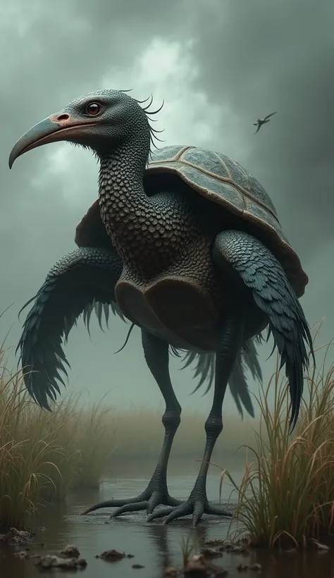 Design a hybrid creature that seamlessly combines the features of a turtle and a stork into a single, menacing entity. This hybrid has the sturdy, armored body of a turtle, but with sharp, glossy feathers that emerge from its back and neck. Its legs are lo...