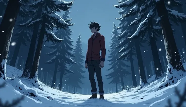 A young man (Arpit) standing at the edge of a snowy forest, staring determinedly into the darkness. Anime 