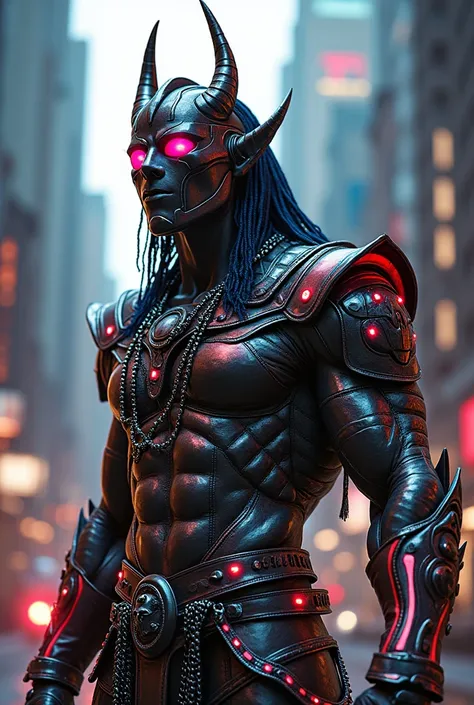 Create images of Wearing multi-colored neon chrome armor mummy Egyptian stylewarriors, sci-fi fantasy, with horns, spikes, fantasy, chains, skulls, fashion ornaments, standing on tall buildings.Wear fashion accessories, punk hairstyles, and fashion glasses...