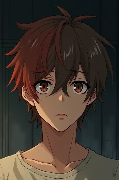 Make an anime photo of a guy with brown hair and a little red in his front hair and hes sad