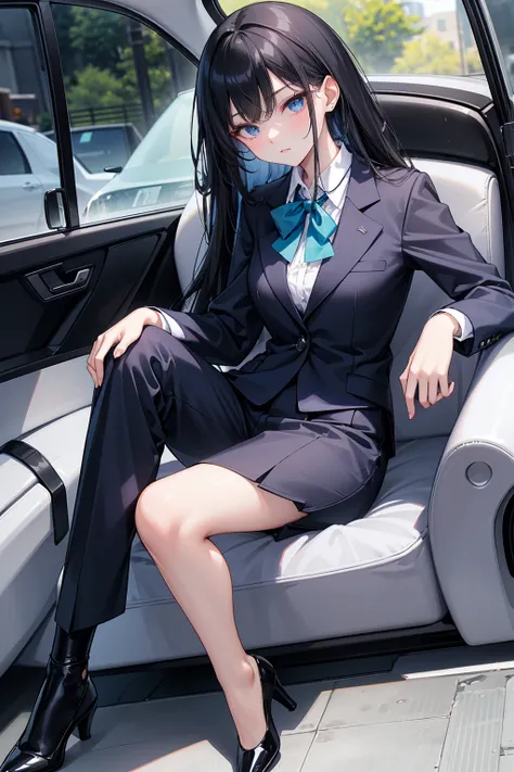 High school students ， already, Black Hair ， With warm blue eyes ， Wore a brand new blue suit and black heels ， Pure white collar and bright green bow 。 has long Black Hair and warm blue eyes ， Lean back in the car seat ， Pose Alluring , spread legs , lowe...