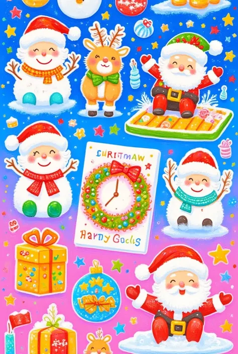 A set of cute Christmas cards with various illustrations featuring snowmen, reindeer, and Santa Claus wearing  hats, candy canes, wreaths, Christmas trees, colorful backgrounds, a vibrant palette, simple designs, a colorful illustration style, simple shape...