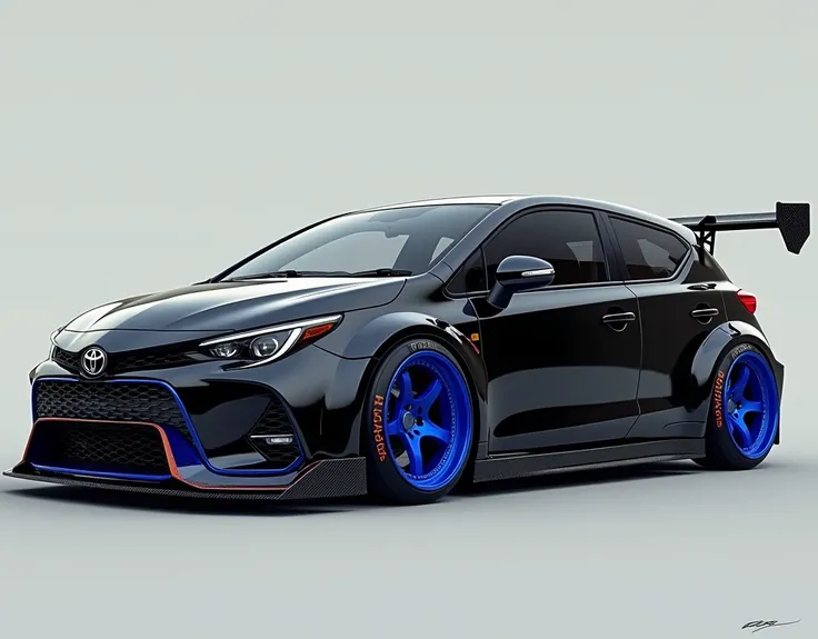 A Toyota Astra car, Black color, Full modification, Blue sports rims, Racing exhaust with 4 holes, Glossy paint, The image is very sharp, Realistic effects, high resolution 