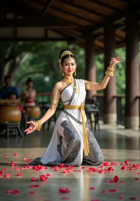 West Javanese traditional jaipong dancer with a dynamic pose, with a dancing scene. The dancer wears a white batik kemben with a striking black pattern, combined with a black and white patterned batik shawl tied around the waist. Gold accessories such as b...