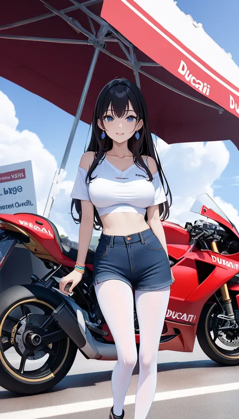   top quality、 Ultra-high precision 、Detailed view、  vibrant colors、Alone、 beautiful girl 、Age 30、A modern racing course 、 Racing Bike、 ducati、 asphalt、 blue sky、cloud、  striped bikini  、sheer v-neck t-shirt、White Knee Length Tights 、Sponsor logos、Beautifu...