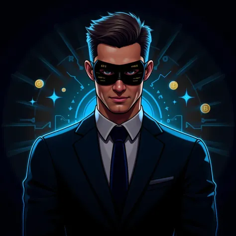 Create a sleek and professional avatar for the Telegram channel "Tokenman," dedicated to cryptocurrency, new tokens, and technology.

Key elements:  
1. The central character, "Tokenman," is a confident and mysterious professional. He wears a modern, minim...