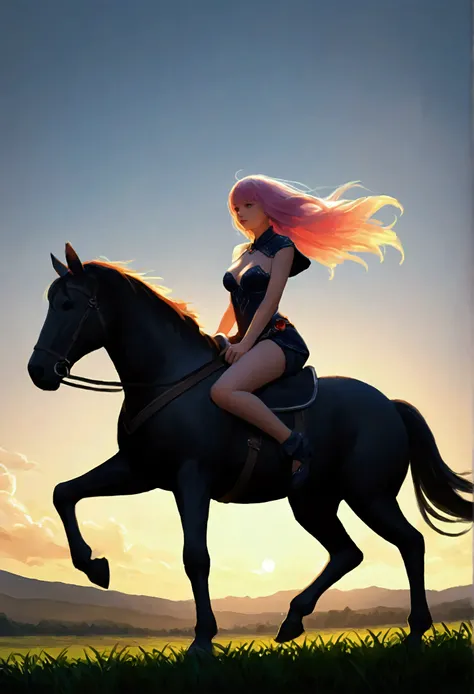 a cute woman, sexy adventurers outfit, long silken hair, riding on her horse sized rabbit mount, calmly travelling through a fantasy field, fantasy scenery, best quality, 4k, 8k, highres, masterpiece:1.2, ultra-detailed, realistic, photorealistic, photo-re...