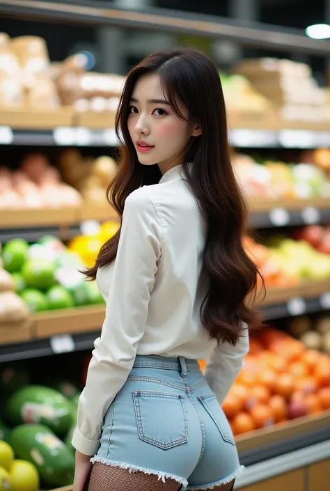 Picture a young woman in a grocery store, captured mid-moment with her long, dark hair cascading down her back. Shes dressed in a crisp white long-sleeved shirt that contrasts with her light blue jeans, which are accentuated by black tights or fishnet stoc...