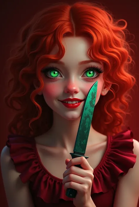 girl with curly red hair ,  with crazy green eyes and a bright smile  , dark red background  ,  and a painted knife in her hand and a dark red dress 