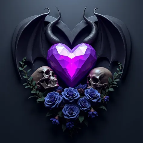  Purple diamond heart with demon horns and black bat wings, in the lower part of the heart that has skulls and black and blue roses with thorns, all in the Gothic style .