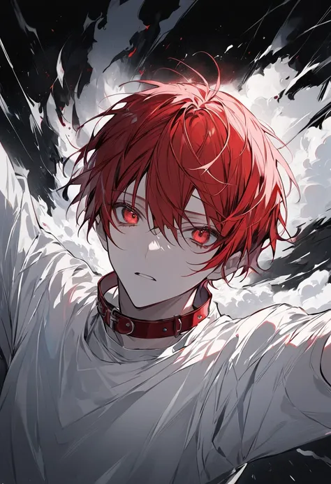   good-looking, Alone, 1 male,  short hair above the clouds ,Red hair,   red eyes,  white shirt, adog collar,  black background, uneasy, Outstretched head