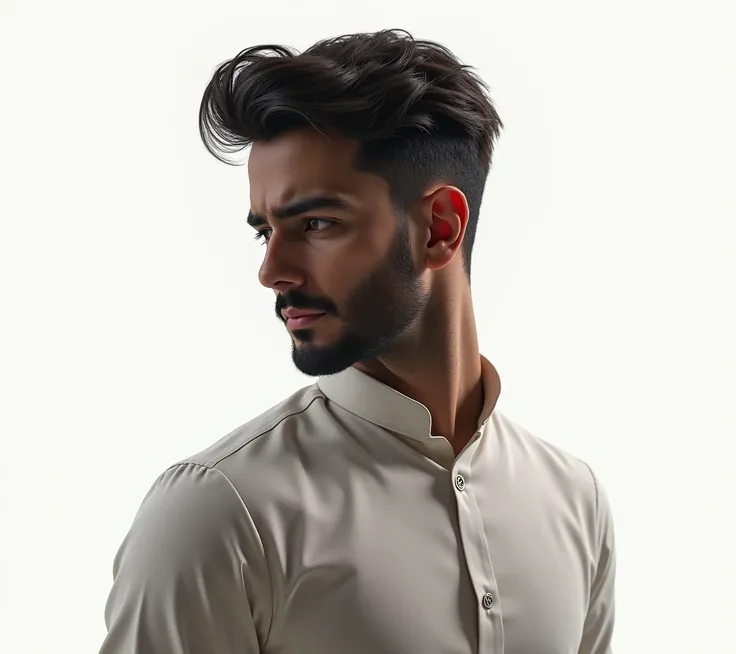 create a 2/3 view of very young , fair & handsome indian groom with sad expression on his face , 2/3 view of that man , hyper realistic , white background , full body view , side view , realism , realistic