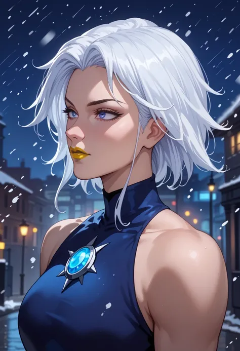 woman, white hair, blue eyes, white skin, anime style, blue outfit, bare shoulders, snowing, night, yellow lipstick, DC, villain