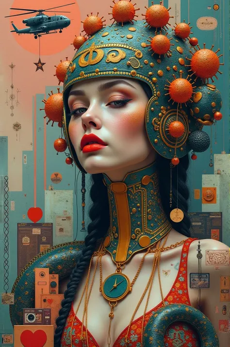 The image itself is a visually stunning collage of various artistic images arranged in a grid long and cube cyber pattern. These images feature surreal and fantasy elements, such as a woman memakai topi terbuat dari jaringan virus dan ular cobra cybord, a ...