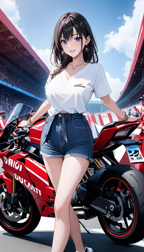   top quality、 Ultra-high precision 、Detailed view、  vibrant colors、Alone、 beautiful girl 、Age 30、A modern racing course 、 Racing Bike、 ducati panigale、 asphalt、 blue sky、cloud、  striped bikini  、sheer v-neck t-shirt、White Knee Length Tights 、Sponsor logos...