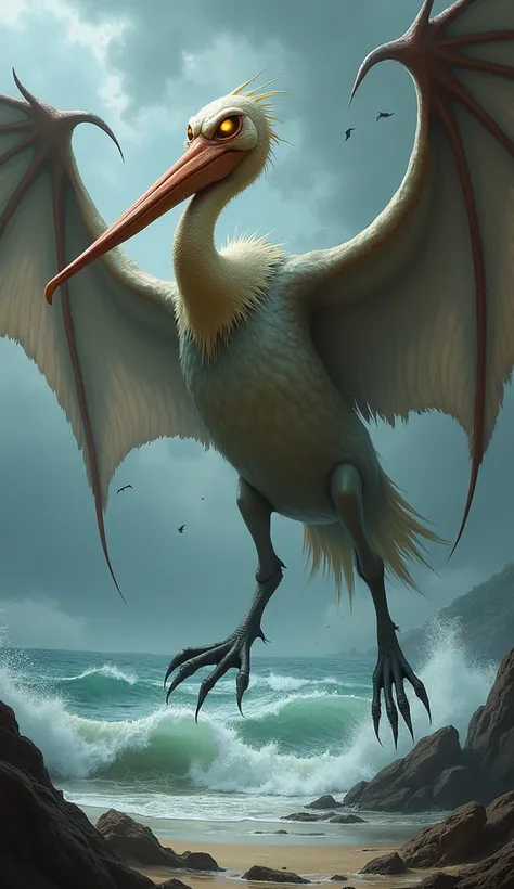 Design a hybrid creature that merges the features of a blobfish and a pelican into a single, monstrous entity. The hybrid has the sagging, bloated body of a blobfish, but with the long, powerful wings and sharp, elongated beak of a pelican. Its skin is a m...