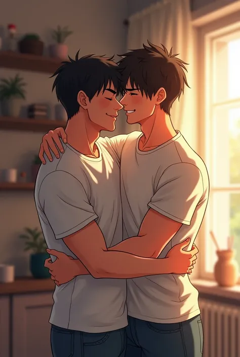 Two man friends are hugging each other at home. Full bodies. Anime pic look realistic