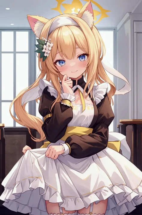  girl、Blonde、Animal Ears、Beast&#39;s Tail、 shy laugh 、 maid outfit 、 Maids Headdress、 cafeteria 、Frills、ribbon、 white garter belt 、skirt lift、white panties