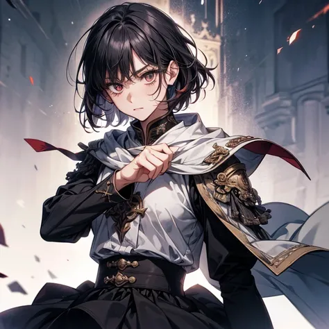    top quality, RPG Characters ,Warrior, Priest ,   looking at camera,         Dignified expression ,  cold eyes,    Details,       short hair, ,  1 girl ,  Solemn,    Red Eyeliner  ,  black skirt,bangs, 