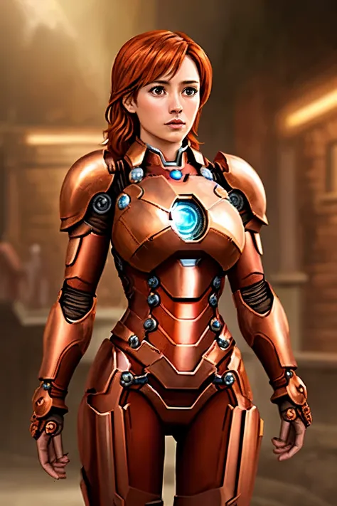 A female steampunk knight, Ironman, copper colored armor