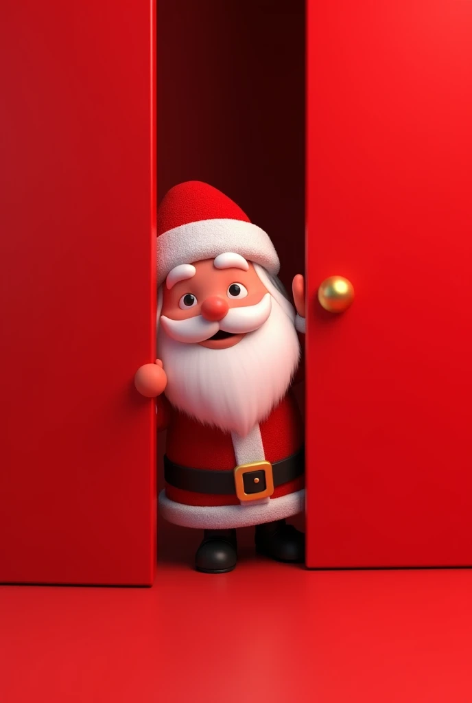 a realistic cute santa claus peeking out from behind a red door, probes behind the pure red wall, rectangular or arch shape, close up, extreme clean picture, c4d render, blender, simple characters, visually playful , playful expression, 32k uhd , minimalis...