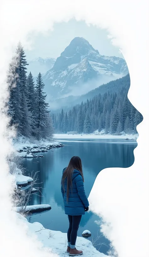 Create an image that embodies a captivating double exposure effect, blending a narrative scene with an exposed composition. The primary subject is a girl with long blue hair, wearing a down jacket, standing on the edge of a frozen lake. The background feat...