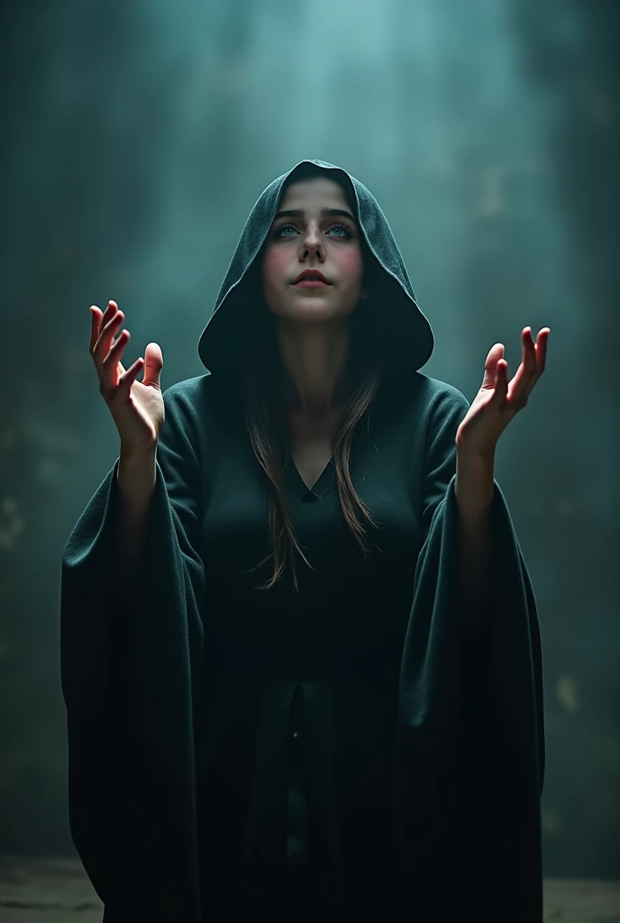 A woman in a hooded cape sings with her hands in the air. It seems mysterious and dangerous and looks remarkable.