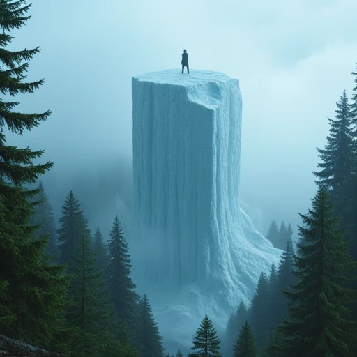 foggy weather, a forest covered with pine trees, an iceberg rising into the sky from the middle of the forest, blue, a man on top of the iceberg