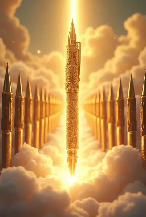 A Golden heavenly pen enlisting on a Dairy one after the other (enlisting things),with a Golden shinning pen surrounding with a heavenly cloud.