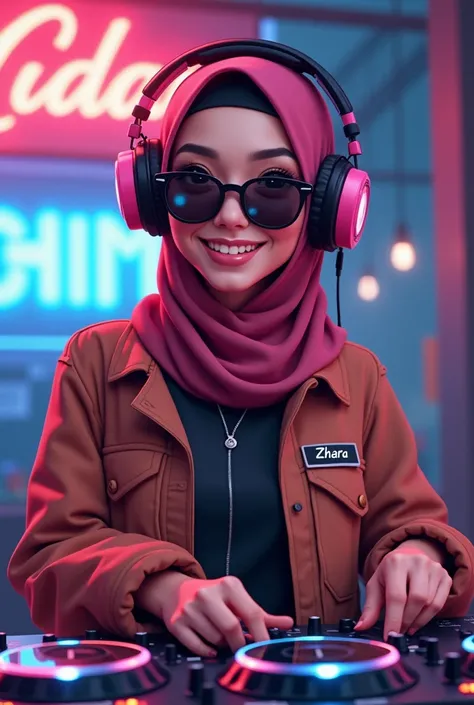 ((masterpiece)),((top quality)),((high detail)),((realistic,)), ((hijab)), 21 year old Indonesian hijab woman, HIJAB, there is writing "ZHARA", playing dj controller, hiphop styles, her face looking at the camera, HAIR COVERED BY HIJAB, sunglasses, pink he...