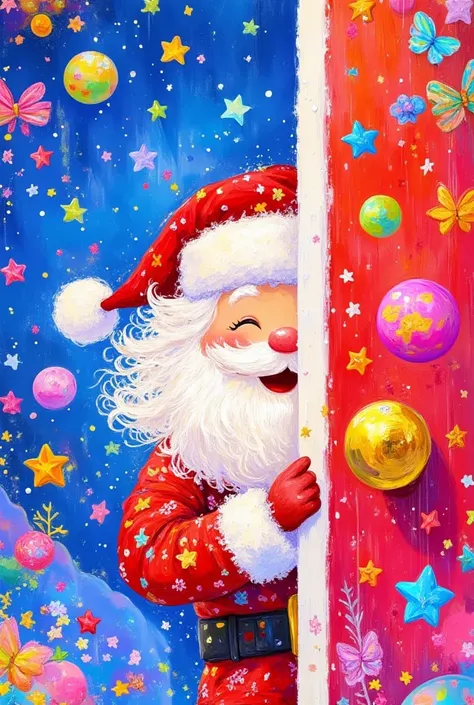 A cute Santa Claus peeking out of the door, in the style of Disney Pixars cartoon style, 3D rendering, high resolution, high quality, high detail, very detailed, colorful background, red and white , cute eyes, happy expression, big smile, bright colors, br...