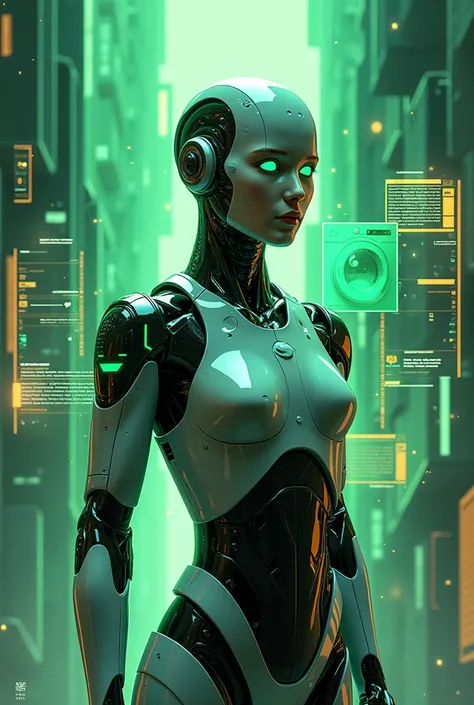  Poster themed art painting ,  science and technology with background color poster, robot AI,  green technology ,  robot washing ,  advanced building  ,  phone hologram 
