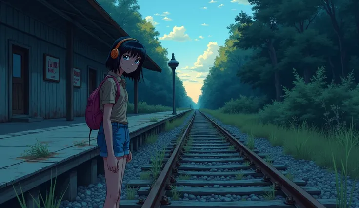 "An anime-style illustration of a young girl wearing headphones, standing at the edge of an abandoned train station at dusk. The platform is overgrown with weeds, and the rails are rusty, giving the scene an eerie and desolate feel. The girl’s expression i...