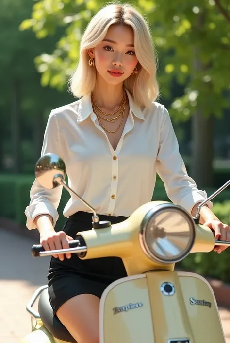 A young woman with shoulder-length light blonde hair is seated on a light beige scooter. She is positioned slightly off-center to the left of the frame, facing the viewer.  Her expression is neutral, with a direct gaze.  Her skin tone is light, and she app...