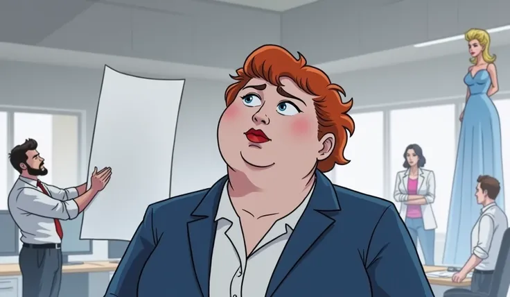 An adult fat woman with very short red hair in the office, there are a lot of colleagues around her .  A man is standing next to her, a man ,  he hands her a big white sheet.

 A woman is wearing a beautiful blue dress 

Image style - Marvel Comics