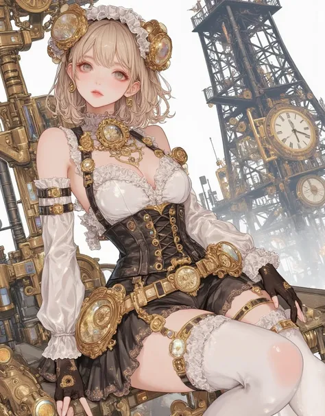 A captivating steampunk illustration of a woman dressed in intricate Victorian-era attire, featuring a corseted brass bodice and flowing skirts adorned with clockwork designs. Her outfit is detailed with brass gears, cogs, and mechanical embellishments, se...