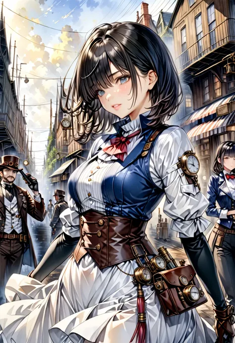  Steampunk  ,  a young gunman with dark hair in a blue costume"Asuka"and a beautiful woman in a white costume with black hair "Haruna"Buddy  , Watercolor ,  very detailed  , Precision , 4K