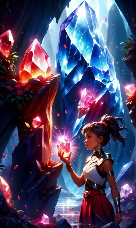 a young woman digging out a large red crystal from the ground, highly detailed, photorealistic, 8k, studio lighting, dynamic pose, digital painting, mystical atmosphere, vibrant colors, fantasy landscape, glowing crystal