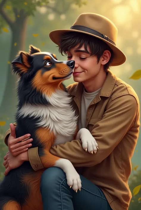  Create a picture of a man cuddling with his brown and white Australian Shepherd. The man is 20 years old and is wearing a hat . Please be realistic  