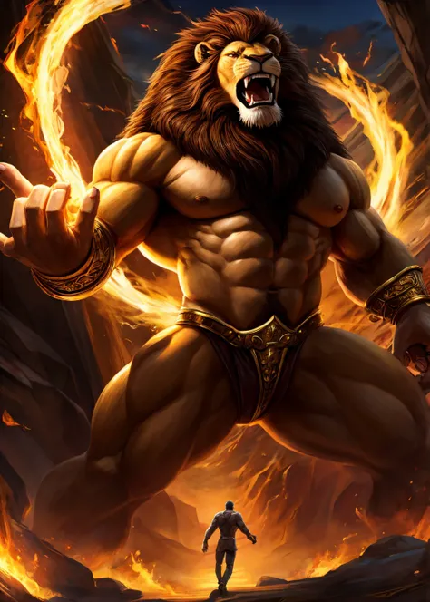 a giant, muscular lion with a human body and a ferocious mouth that exudes an aura of gold power