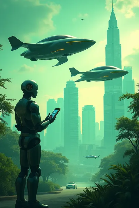  Poster themed art painting ,  science and technology with background color poster,  green technology ,  robot washing ,  advanced building  , Malaysia atmosphere 2045 ,  two make flying cars  ,  AI robot playing hologram mobile phone
