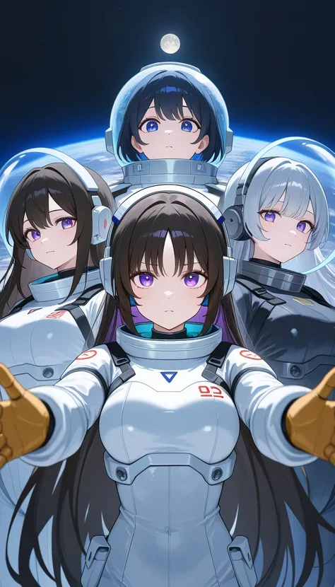 masterpiece, Highest quality, high resolution, newest, 2girls, friends, (group shot):5, (upper body):5, kyoto animation style, detailed, BREAK lunar base interior and exterior, moon surface exploration, lunar landscape, BREAK (white and black mechanical sp...