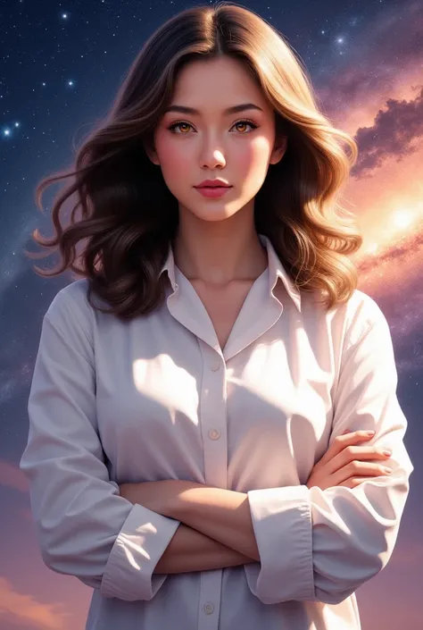 girl, brown hair, orange eyes, arms crossed, in the middle of the cosmos, ((vogue 
style)), white shirt, soft colors, colorful background, cosmic background, soft strokes