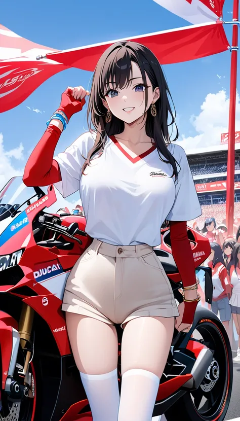   top quality、 Ultra-high precision 、Detailed view、  vibrant colors、Alone、 beautiful girl 、Age 30、A modern racing course 、 Racing Bike、 ducati panigale、 asphalt、 blue sky、cloud、  striped bikini  、sheer v-neck t-shirt、White Knee Length Tights 、Sponsor logos...